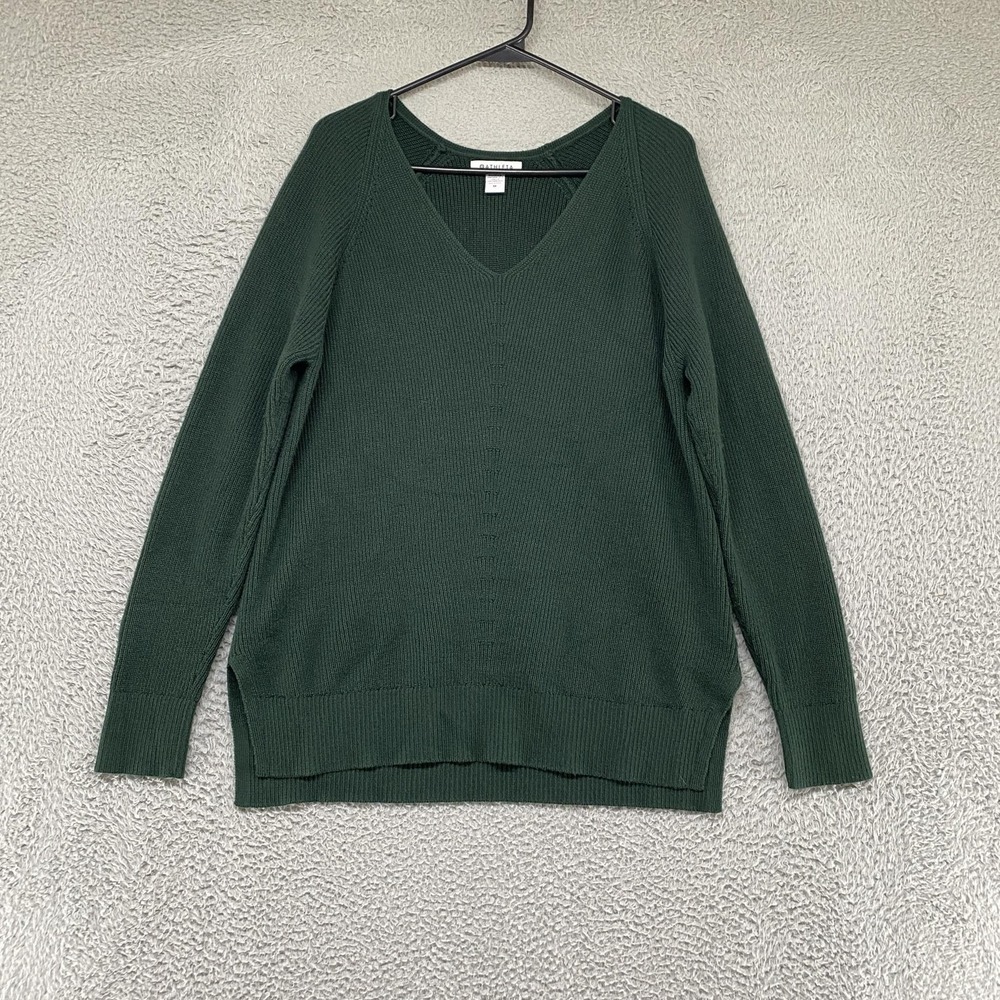 Athleta Hanover Sweater Womens Medium Green V Neck Merino Wool Pullover Relaxed